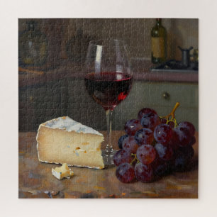 Realistischer Rotwein-Käse-Trauben-Stillleben Puzzle