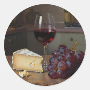 Realistischer Rotwein-Käse-Trauben-Stillleben Runder Aufkleber