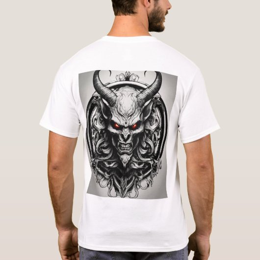 Realistisches Schwarz-Weiß-Satan-Logo - Rundschrei T-Shirt (Rückseite)