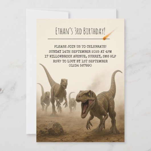Realistisches Velociraptor-Rudel mit Meteor-Geburt Einladung (Vorderseite)