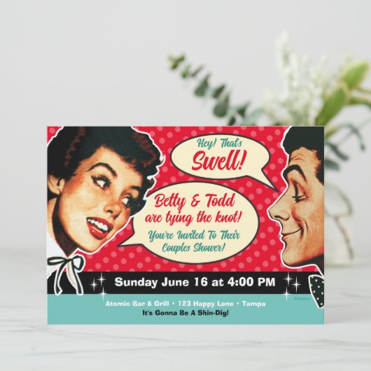 Really Retro Couples Dusche Einladung - rot (Stehend Vorderseite)