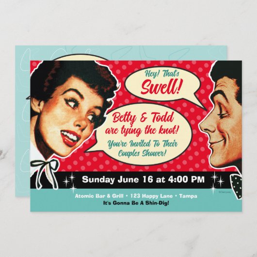 Really Retro Couples Dusche Einladung - rot (Vorne/Hinten)