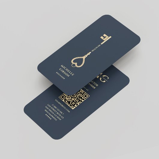 Realtor Dark Blue Gold Key Monogram Modern Visitenkarte
