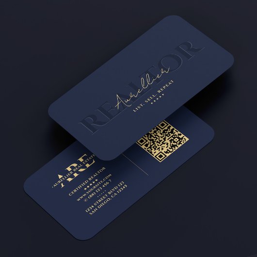 Realtor Navy Blue Real Anwesen Monogram Modern Visitenkarte