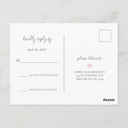 Rebecca Simple Elegant Calligraphy Wedding RSVP Postkarte (Rückseite)