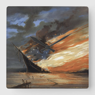 Rebel Civil War flagship on Fire of American flag Quadratische Wanduhr