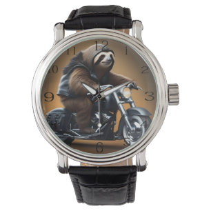 Rebel Sloth: Ein lederverkleidetes Motorrad Armbanduhr