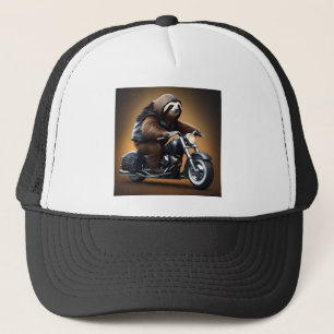 Rebel Sloth: Ein lederverkleidetes Motorrad Truckerkappe