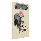 Rebel-Soul - Gothischer Schädel mit rosa Rose Mini Klemmbrett (Schrägansicht)