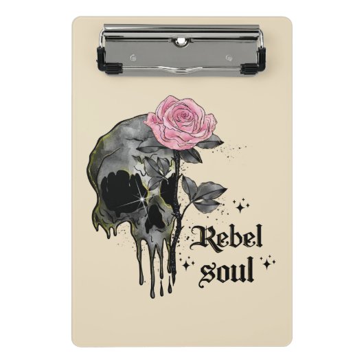 Rebel-Soul - Gothischer Schädel mit rosa Rose Mini Klemmbrett (Vorderseite)