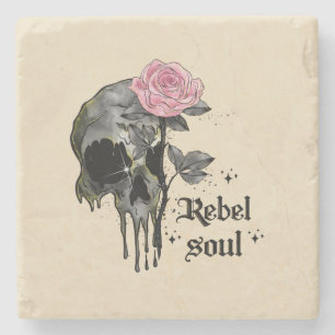 Rebel-Soul - Gothischer Schädel mit rosa Rose Steinuntersetzer