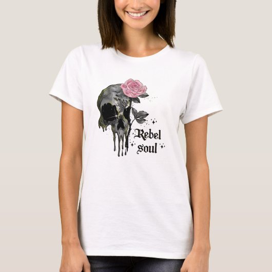 Rebel-Soul - Gothischer Schädel mit rosa Rose T-Shirt (Vorderseite)