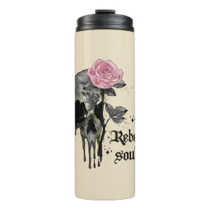 Rebel-Soul - Gothischer Schädel mit rosa Rose Thermosbecher