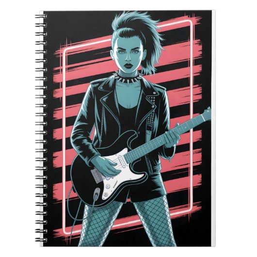 Rebellious Rock Star: Female Guitarist in Leather Notizblock (Vorderseite)
