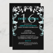 Reben Schwarz/Aqua Süß 16 Einladung (Vorne/Hinten)