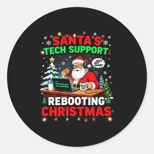 Rebooting Funny Santa's Tech Suprt Christmas Compu Runder Aufkleber (Vorderseite)