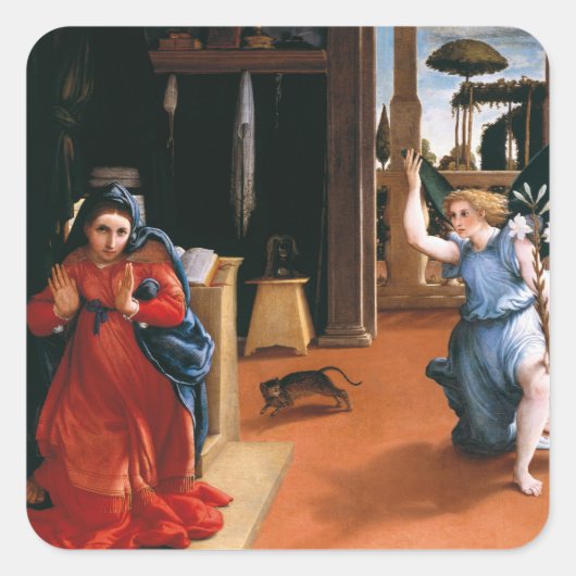 RECANATI ANNUNCIATION by Lorenzo Lotto Quadratischer Aufkleber (Vorderseite)