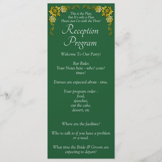 Reception Program - Emerald Green & Gold Wedding  Menükarte (Vorderseite)