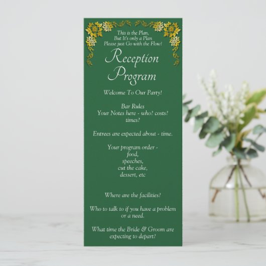 Reception Program - Emerald Green & Gold Wedding  Menükarte (Stehend Vorderseite)