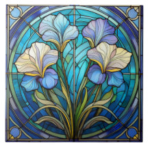 Rechte Floral Iris Art Nouveau Blue Green Retro