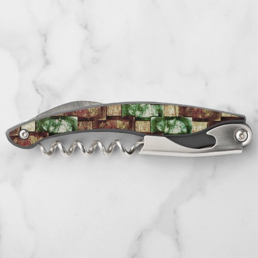 Rechteckige Schnitzereien und gepunktet, braun grü Kellnermesser (Rückseite)