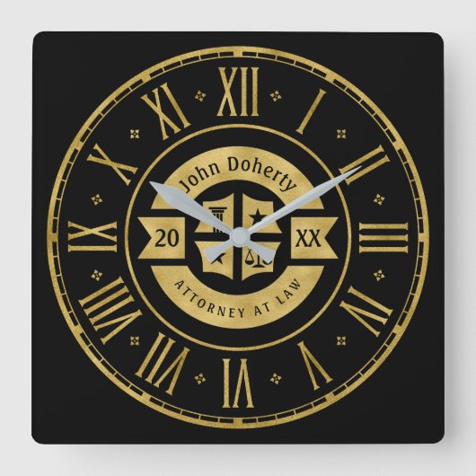 Rechtsanwalt 20XX Anwalt | Elegant Gold Black Quadratische Wanduhr (Vorderseite)
