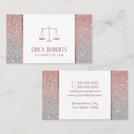 Rechtsanwalt Moderne Rose Gold & Silver Glitzer Visitenkarte (Vorne/Hinten)