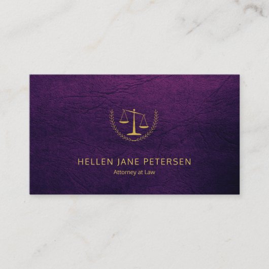 Rechtsanwältin eleganter goldfarbener lila Lederlo Visitenkarte (Vorderseite)