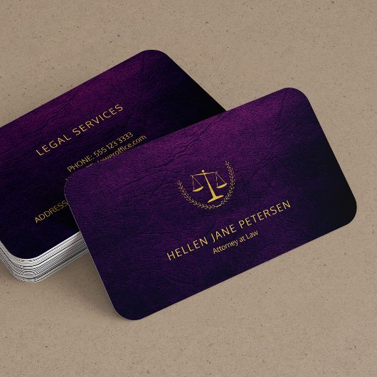 Rechtsanwältin eleganter goldfarbener lila Lederlo Visitenkarte