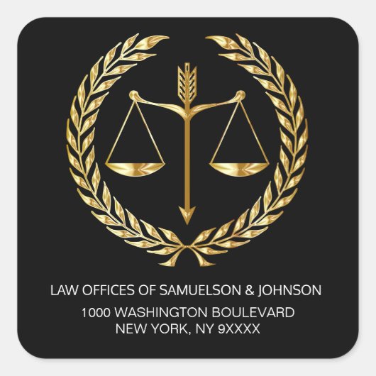 Rechtsanwaltsrichter Black Gold Rücksendeadresse Quadratischer Aufkleber (Vorderseite)