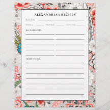 Recipe Binder Page | Elegant blühend floral