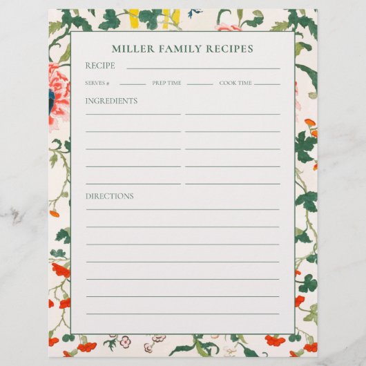 Recipe Binder Page | Familienname | Blühende Blume (Vorderseite)