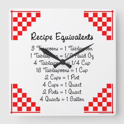 Recipe Equivalents Red White Kitchen Clock Quadratische Wanduhr (Vorderseite)