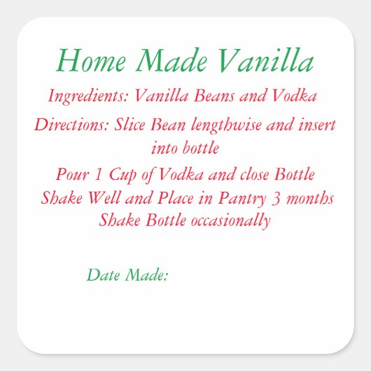 Recipe Zuhause Made Vanilla Quadratischer Aufkleber (Vorderseite)