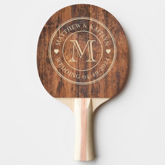 Reclaimed Wood Wedding Monogram Heart Tischtennis Schläger (Vorderseite)