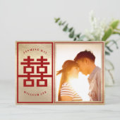 Rectangle Double Happiness Chinese Wedding Foto Save The Date (Stehend Vorderseite)