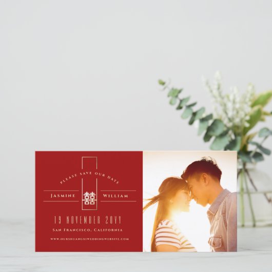 Rectangle Double Happiness Chinese Wedding Foto Save The Date (Stehend Vorderseite)