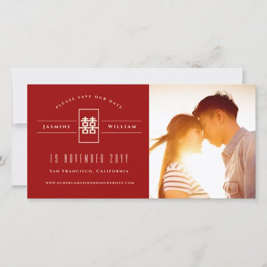 Rectangle Double Happiness Chinese Wedding Foto Save The Date (Vorderseite)