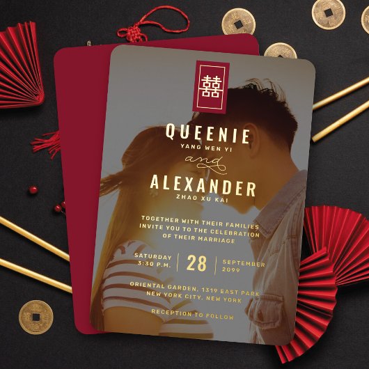 Rectangle Double Happiness Foto Chinesische Hochze Folieneinladung