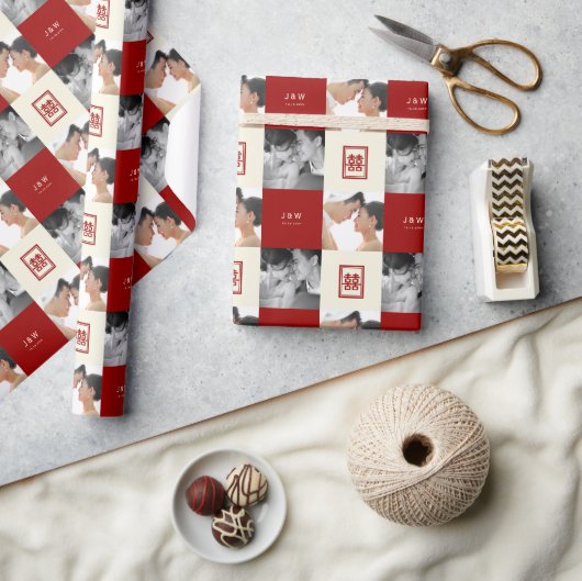 Rectangle Double Happiness Wedding Foto Collage Geschenkpapier (Kunsthandwerk)