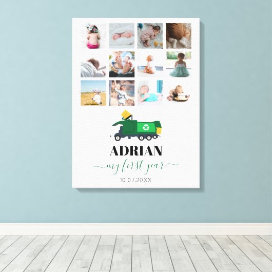 Recycelnd Garbage Truck Baby Boy 1. Jahr Fotos Leinwanddruck (Insitu (Holzboden))