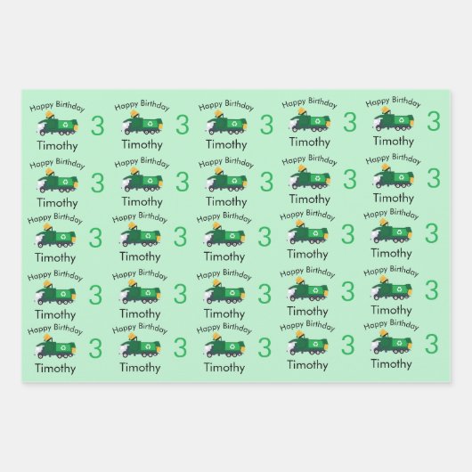 Recycelnd Garbage Truck Boy's Name & Age Geburtsta Geschenkpapier Set (Vorderseite 3)