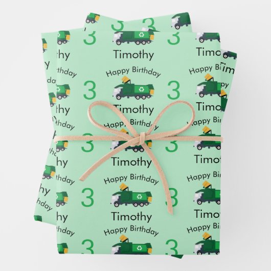 Recycelnd Garbage Truck Boy's Name & Age Geburtsta Geschenkpapier Set (Beispiel)