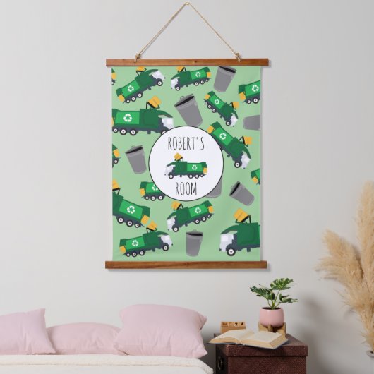 Recycelnd Garbage Truck Muster Boys Name Wandteppich Mit Holzrahmen (Schlafzimmer)