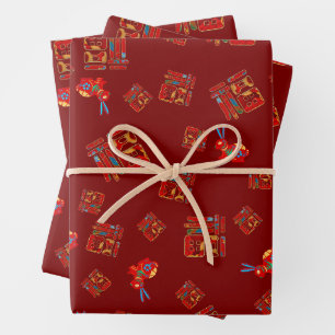 Red 2023 Lunar New Year Rabbit 福 Segings Wrappin Geschenkpapier Set