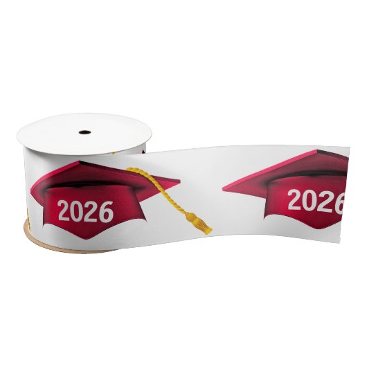 Red 2025 Graduation Caps auf Weiß Satinband (Spule)