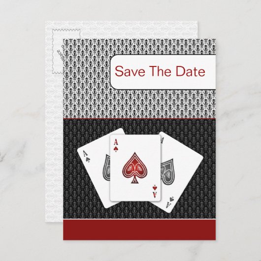 Red 3 Asse Vegas Hochzeit speichern Sie das Datum Ankündigungspostkarte (Vorne/Hinten)