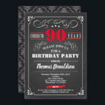 Red 90. Geburtstagsparty Chalkboard Vintag Einladung<br><div class="desc">[Jedes Alter. Alle Texte sind editierbar]

 
Thema:  Geburtstag,  Jahrestag,  Ruhestand/Party / Feierlichkeit Stil: Retro,  Vintage,  elegante Farben: Schwarz,  Rot und Weiß.Grafik: Retro-Kalkboard ,  Vintage Typografie und Rahmen,  feuchter Hintergrund,  rote Schrift.</div>