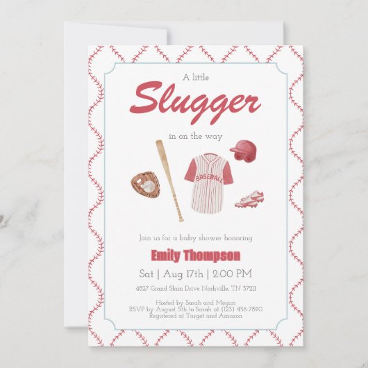 Red A Little Slugger Baby Dusche Einladung (Vorderseite)