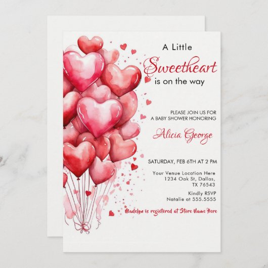 Red A Little Sweetheart Balloons Babydusche Einladung (Vorne/Hinten)